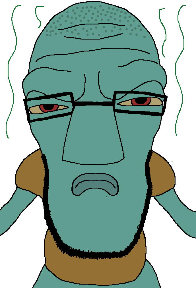 squidward tentacles, cephalopod soyjak, disgusting trevorcreature, 1soyjak, angry, bald, closed mouth, front view, frown, glasses