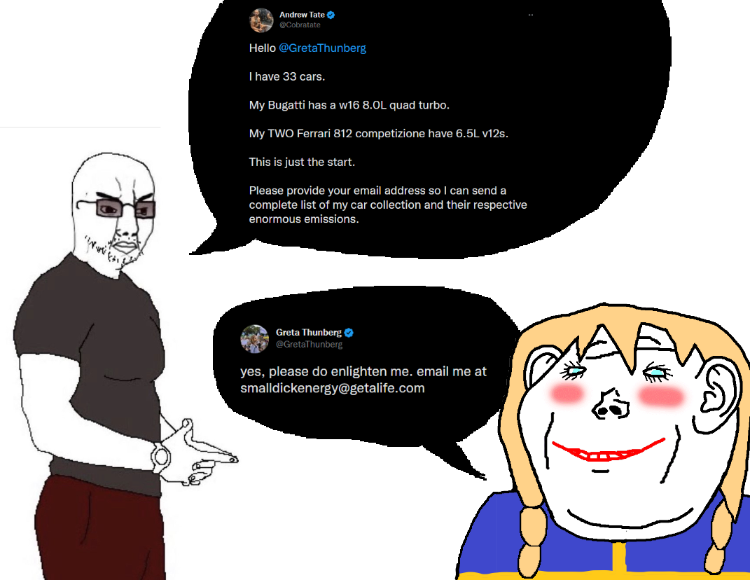 chudjak, impish soyak ears, swedemass, 2soyjaks, andrew tate, arm, blonde hair, blue eyes, blush, braids