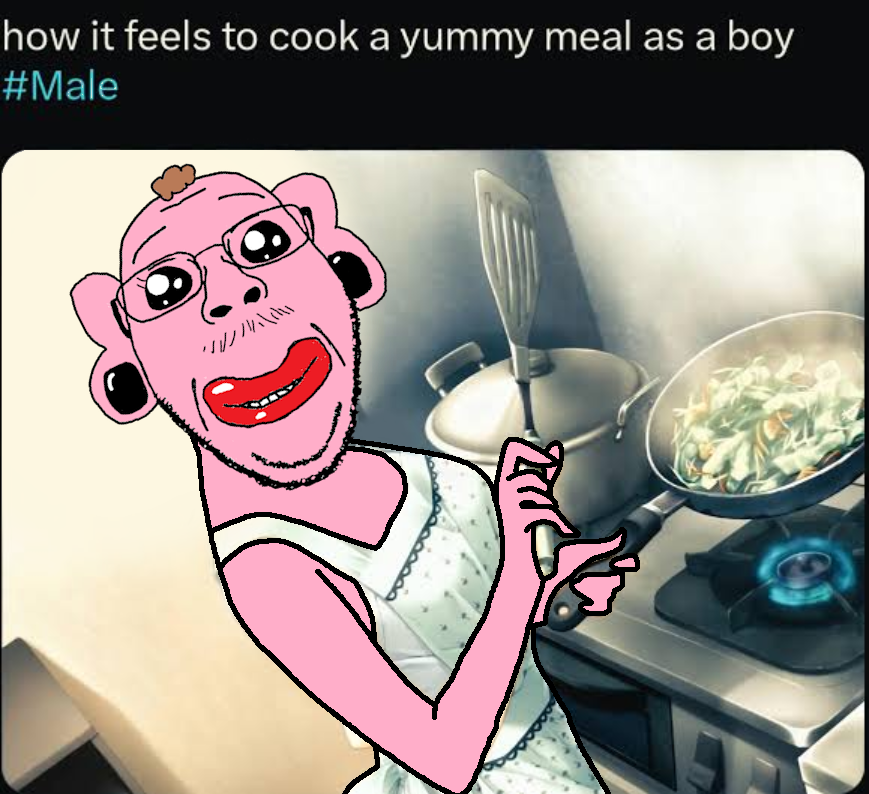 bernd, 1soyjak, anime, black eyes, brown hair, cooking, drawn background, dress, front view, full body