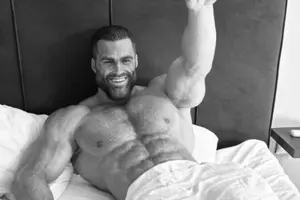 1084 - arm beard bed blanket hair looking_at_you nipples pillow smile smiling stubble variant_gigachad.png