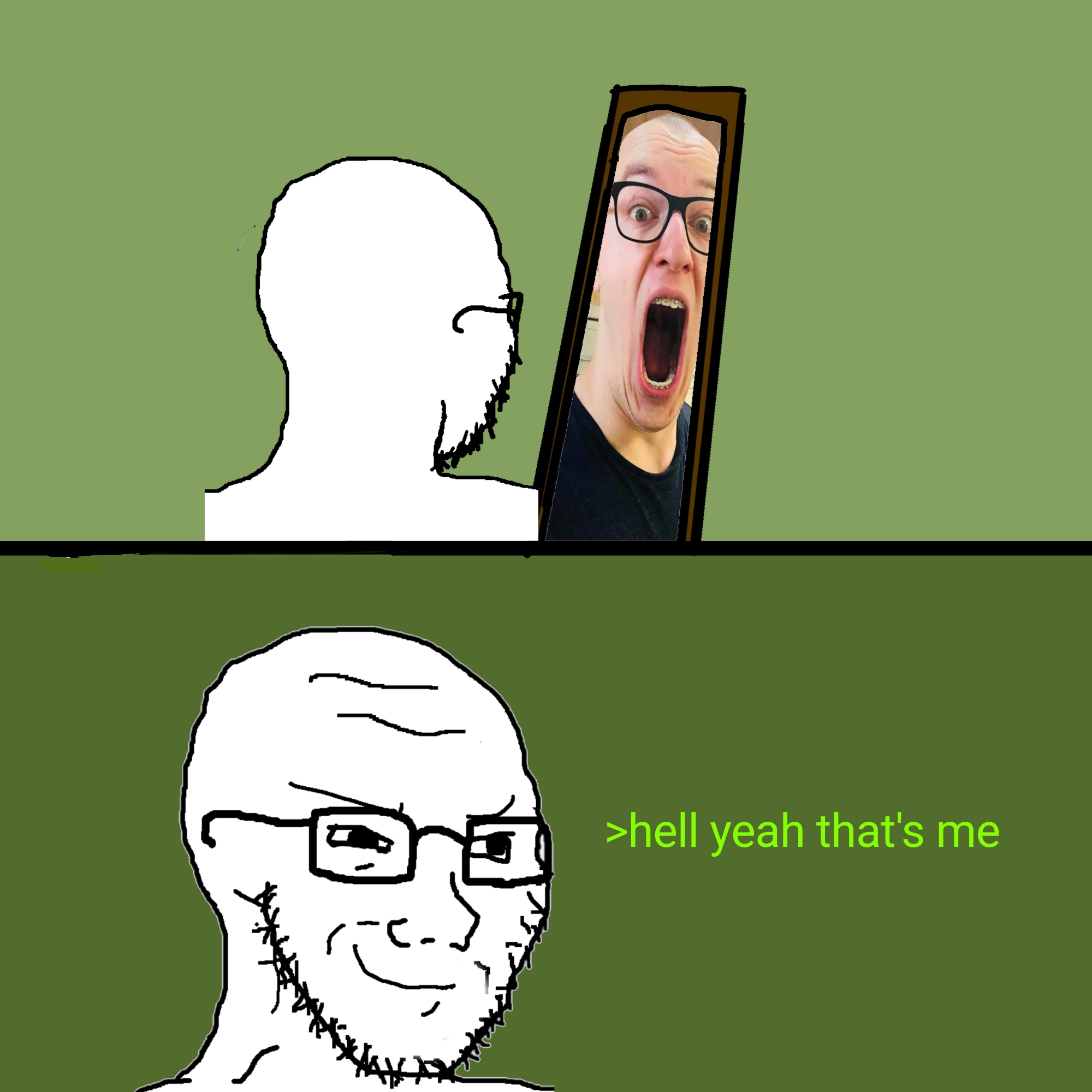 gimper, soyak, soyak (smug), hell yeah thats me, 1soyjak, 2soyjaks, back view, bald, black eyes, black hair