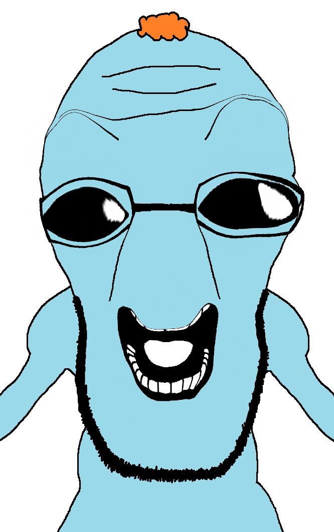 cephalopod soyjak, 1soyjak, black eyes, blue skin, front view, glasses, hair, half body, liquify tool, looking at you