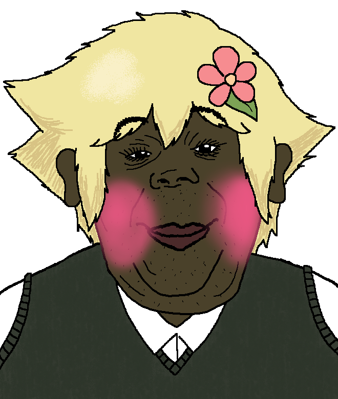 alicia, hunky twink sex machine, hunky twink sex machine, 1soyjak, basil (omori), blonde hair, blush, brown skin, closed mouth, clothes