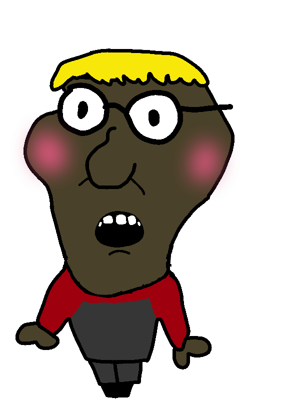 spamton g. spamton, thompson, hunky twink sex machine, 1soyjak, big head, black eyes, black skin, blonde hair, blush, clothes
