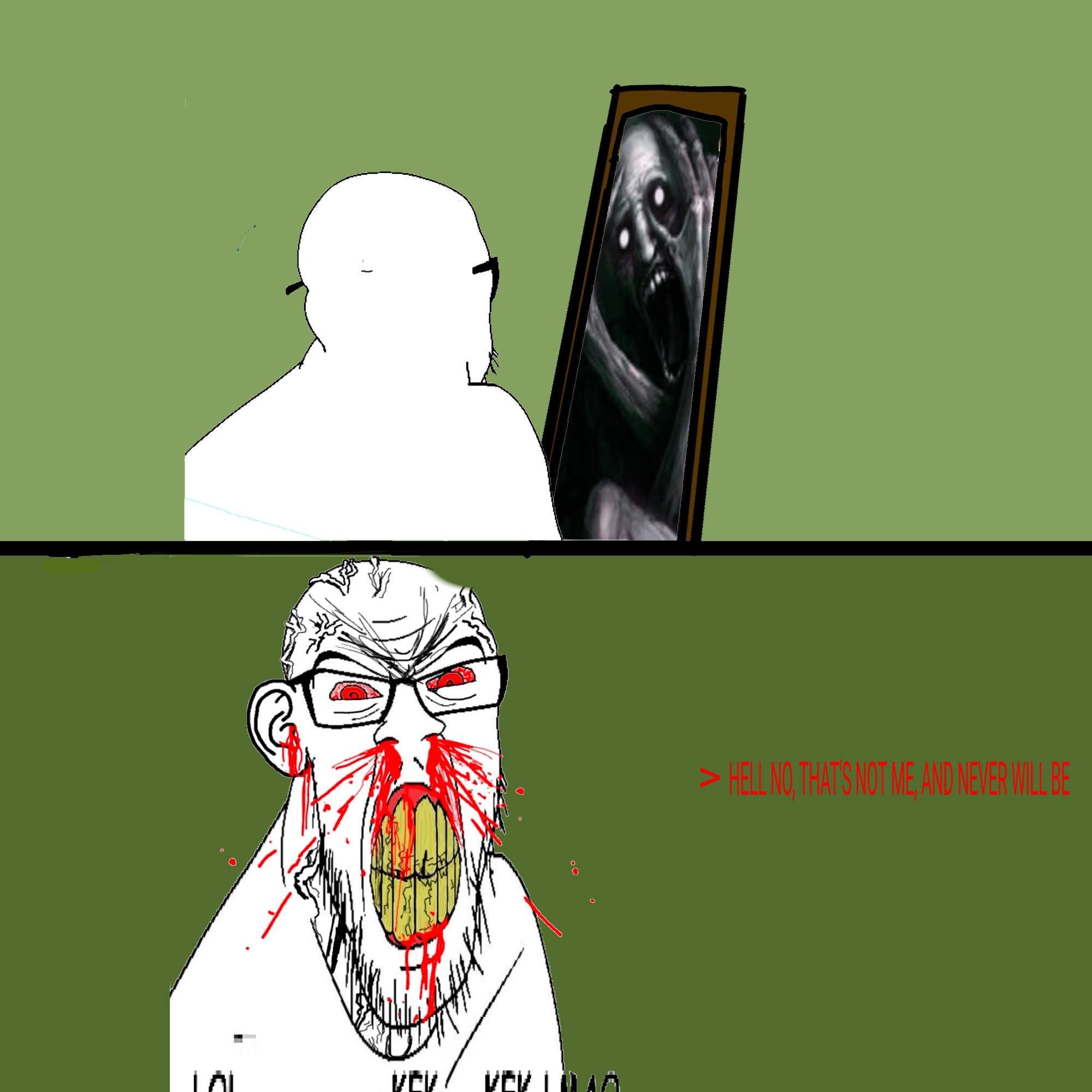 feraljak, feralrage, hell yeah thats me, 1soyjak, angry, back view, bald, blood, blood from nose, bloodshot eyes