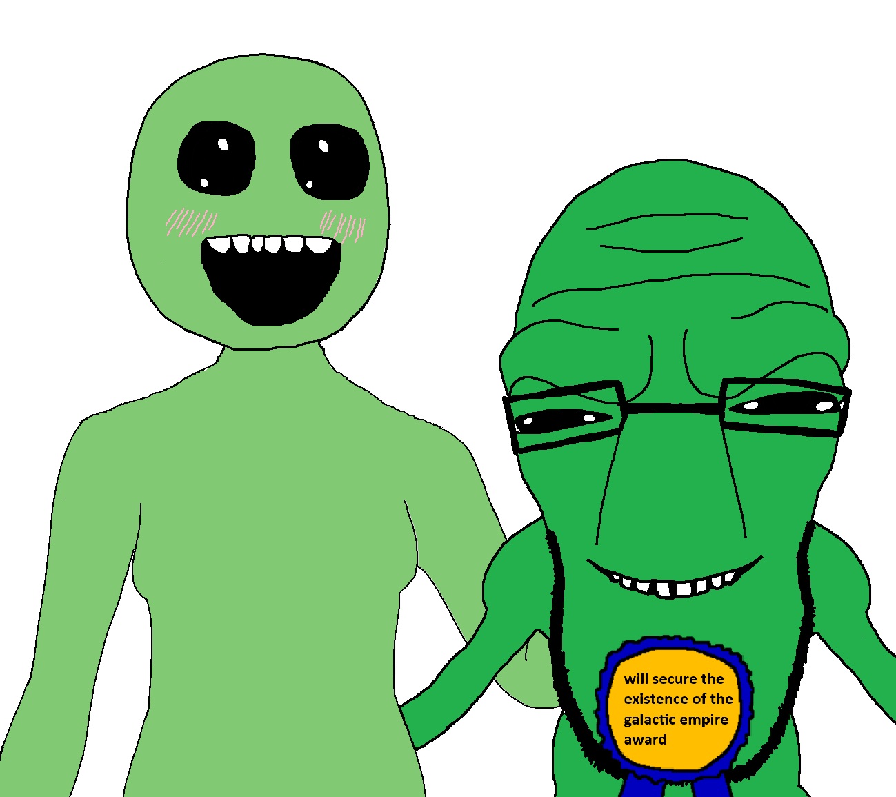 soytan, cephalopod soyjak, 2soyjaks, alien, award, bald, black eyes, couple, extraterrestrial, front view