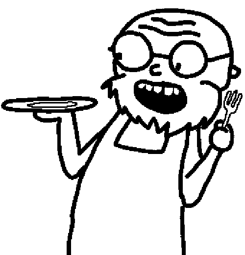 yumson, 1soyjak, apron, bald, black eyes, ear, forehead lines, fork, glasses, half body