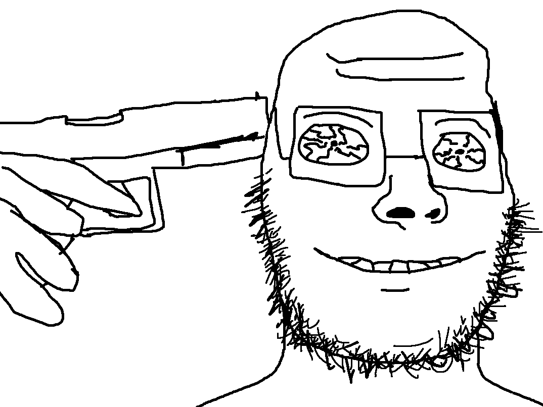 insanegoy, 1soyjak, crazed, front view, glasses, gun, gun to head, insane, looking at you, no ears