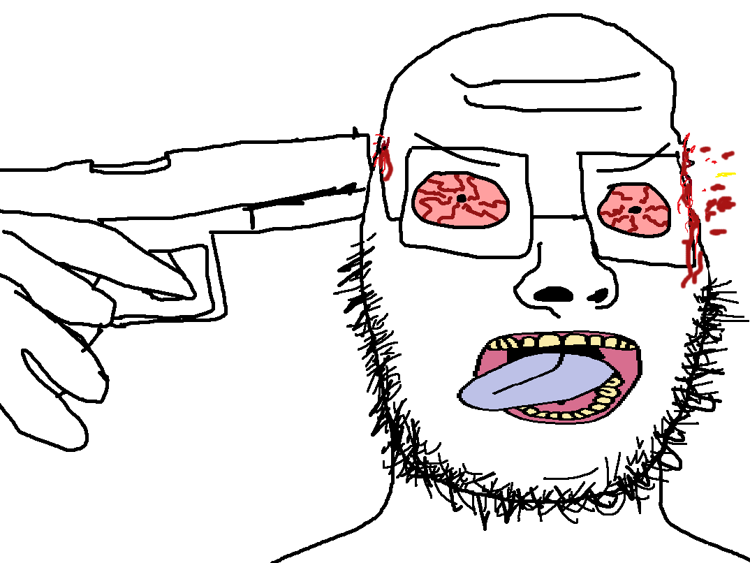 insanegoy, 1soyjak, ack, blood, bullet, crazed, front view, glasses, gun, gun to head