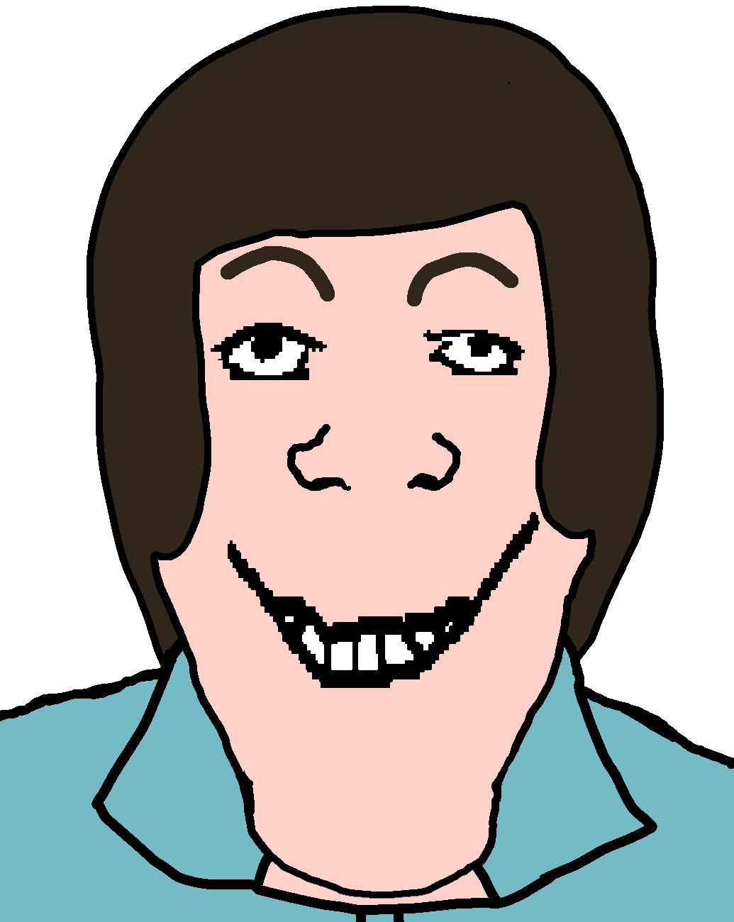 markiplier soyjak, sinplier, 1soyjak, black eyes, blue eyes, blue shirt, brown hair, closed mouth, front view, frown