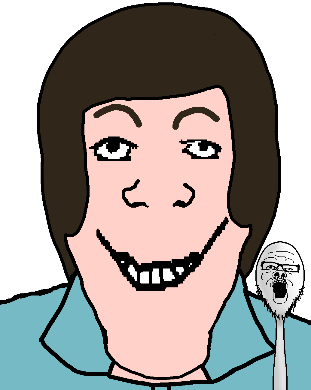 a24 slowburn soyjak, markiplier soyjak, neutralplier, sinplier, 2soyjaks, black eyes, blue eyes, blue shirt, brown hair, closed mouth