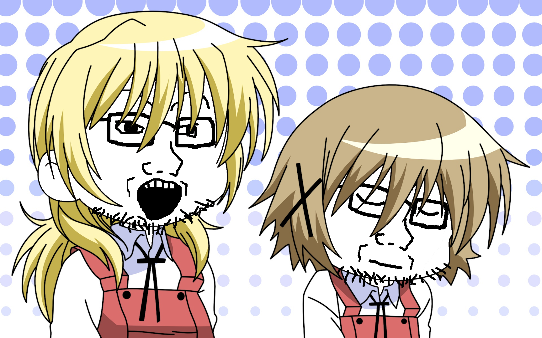 miyako, yuno, soyak, 2soyjaks, black eyes, blonde hair, brown hair, closed eyes, closed mouth, drawn background