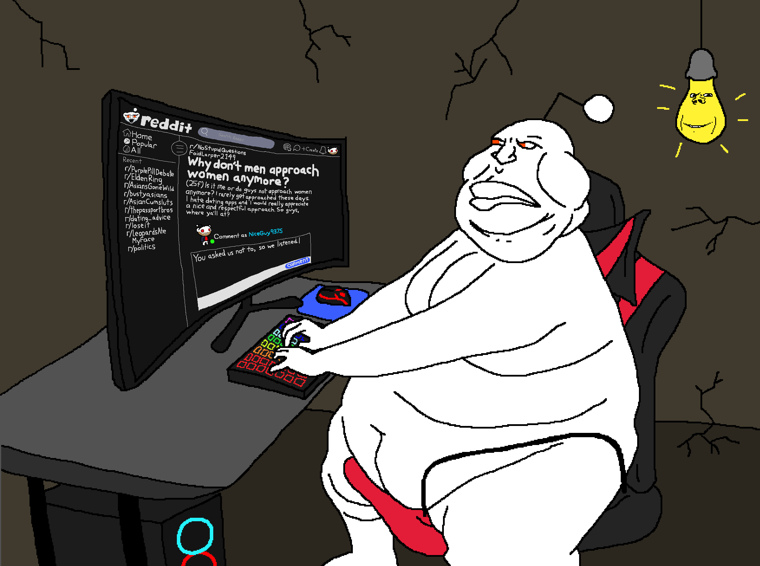 impish soyak ears, meximutt, snoojak, fusionjaks, 3soyjaks, antenna, bald, chair, closed mouth, computer