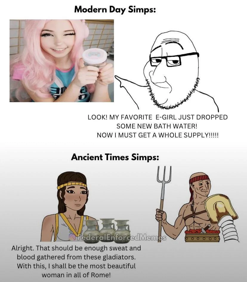 female wojak, smug wojak, wojak, smugjak, ancient history, bald, bath water, belle delphine, blood, brown hair