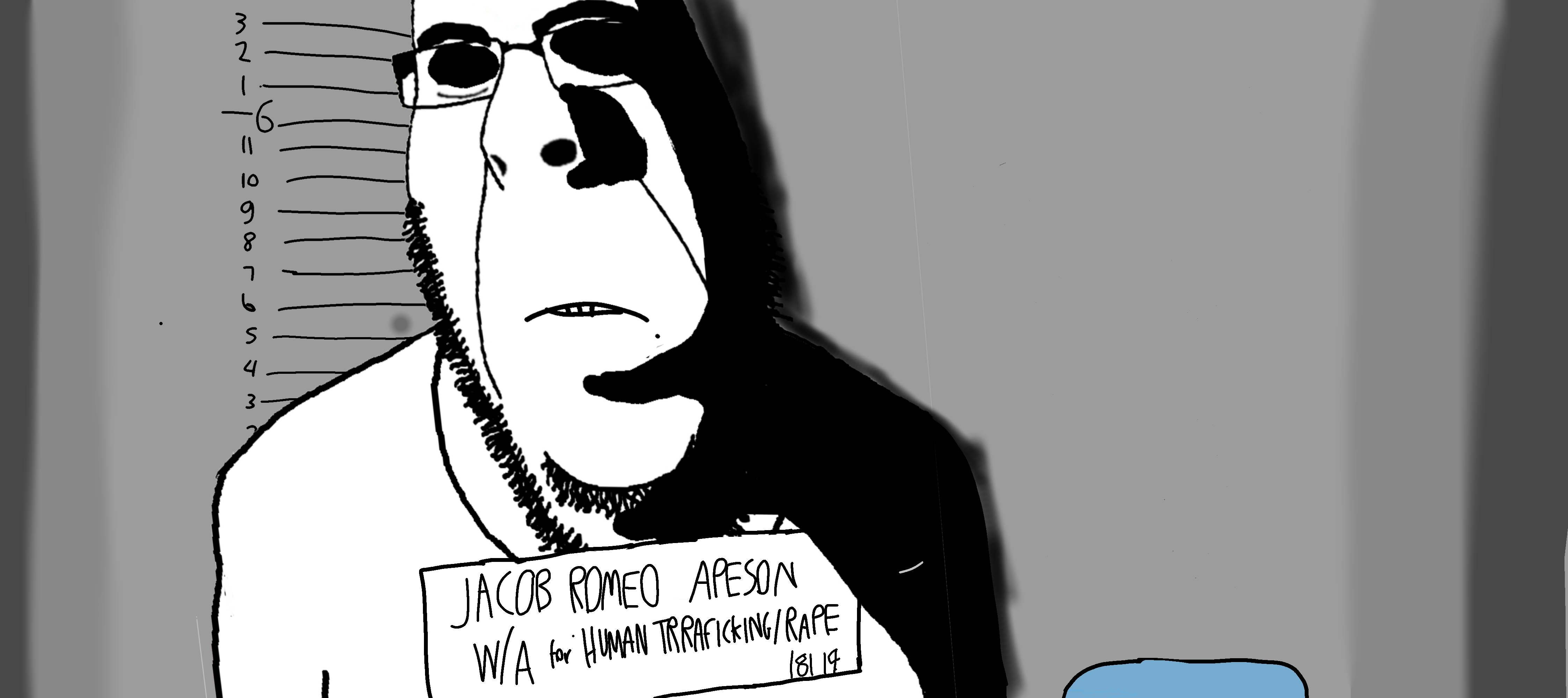 rapeson, cobson, hornyson, rapeson, 1soyjak, bald, closed mouth, drawn background, front view, glasses
