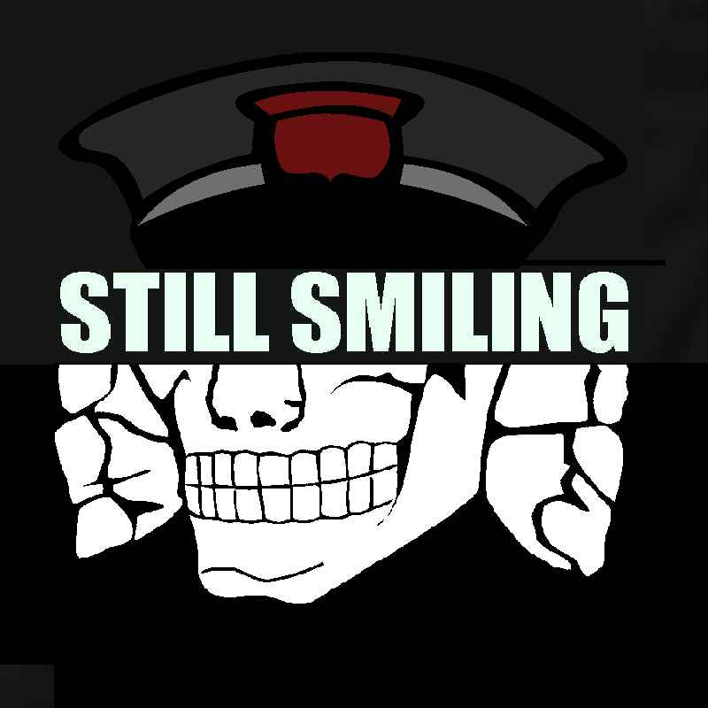 police man ganson, chudjak, 1soyjak, badge, black background, closed mouth, covered eyes, larp, looking to the left, never lose your smile