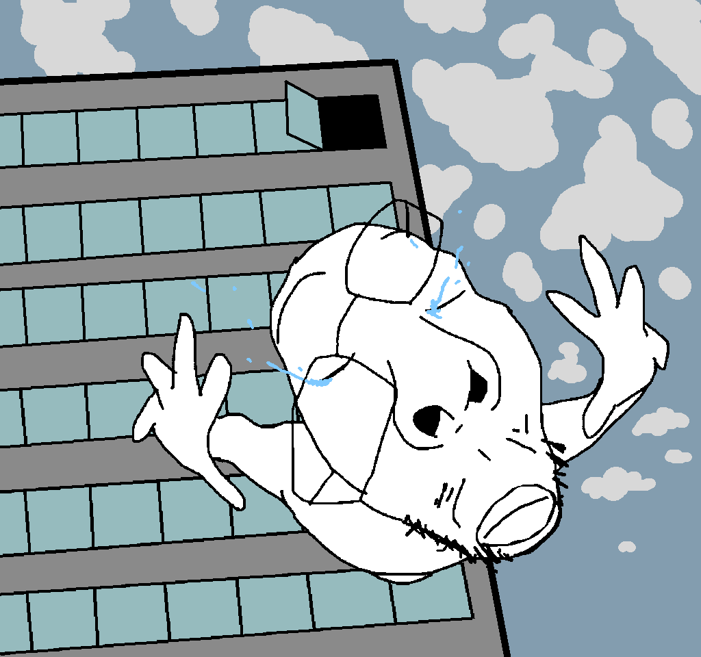 fisheyejak, arms, bald, building, closed eyes, closed mouth, clouds, crying, drawn background, falling