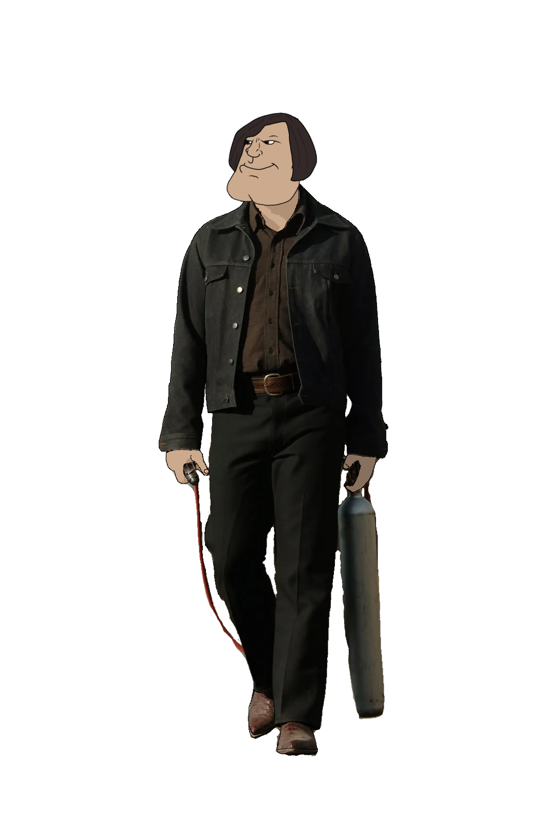 anton chigurh, meximutt, mexiaryan, 1soyjak, belt, black pants, boot, boots, bowl cut, brown eyes