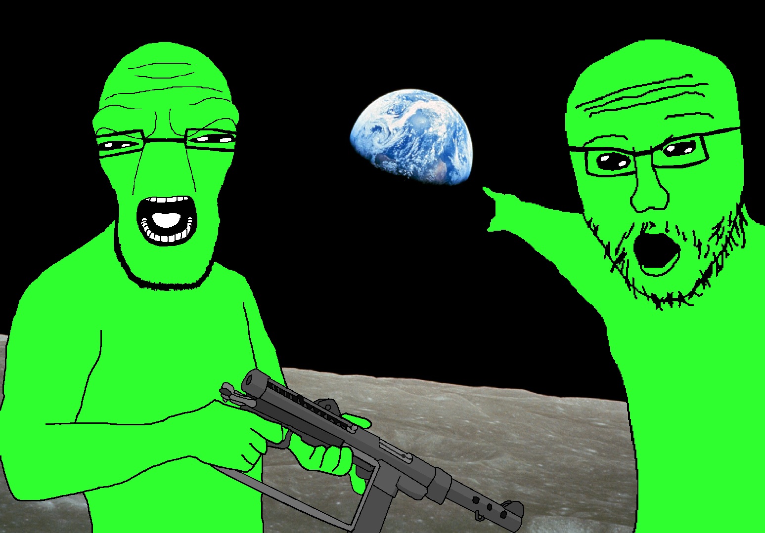 cephalopod soyjak, two pointing soyjaks, alienjaks, 2soyjaks, alien, angry, bald, black background, black eyes, earth