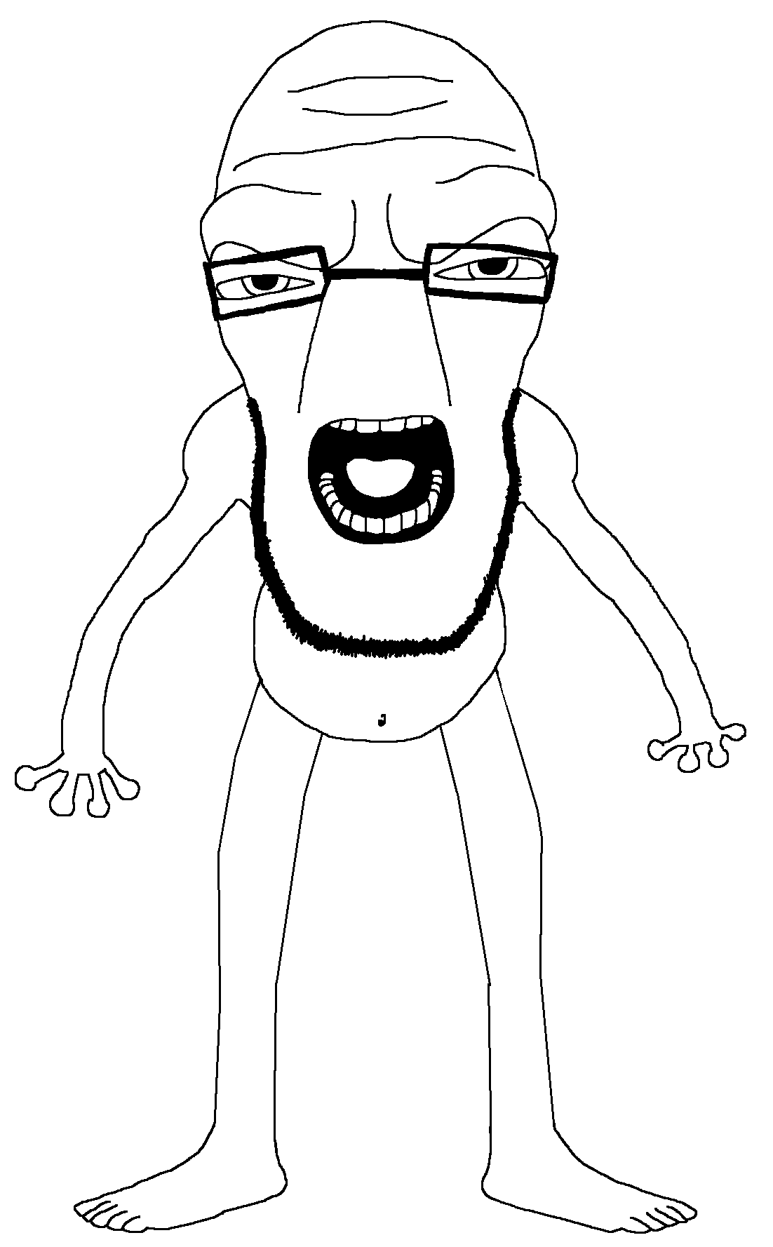 cephalopod soyjak, 1soyjak, angry, bald, belly, belly button, black eyes, chubby, feet, fingers