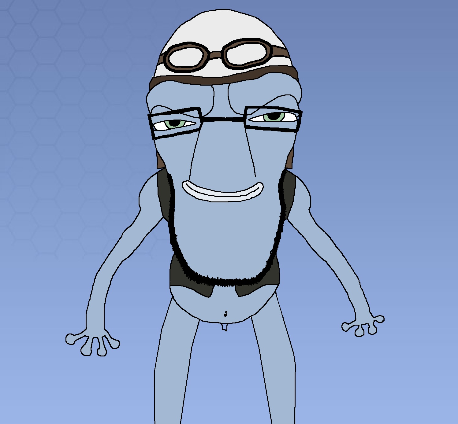 cephalopod soyjak, 1soyjak, almost full body, amphibian, angry, animal, bald, bike helmet, blue background, blue skin