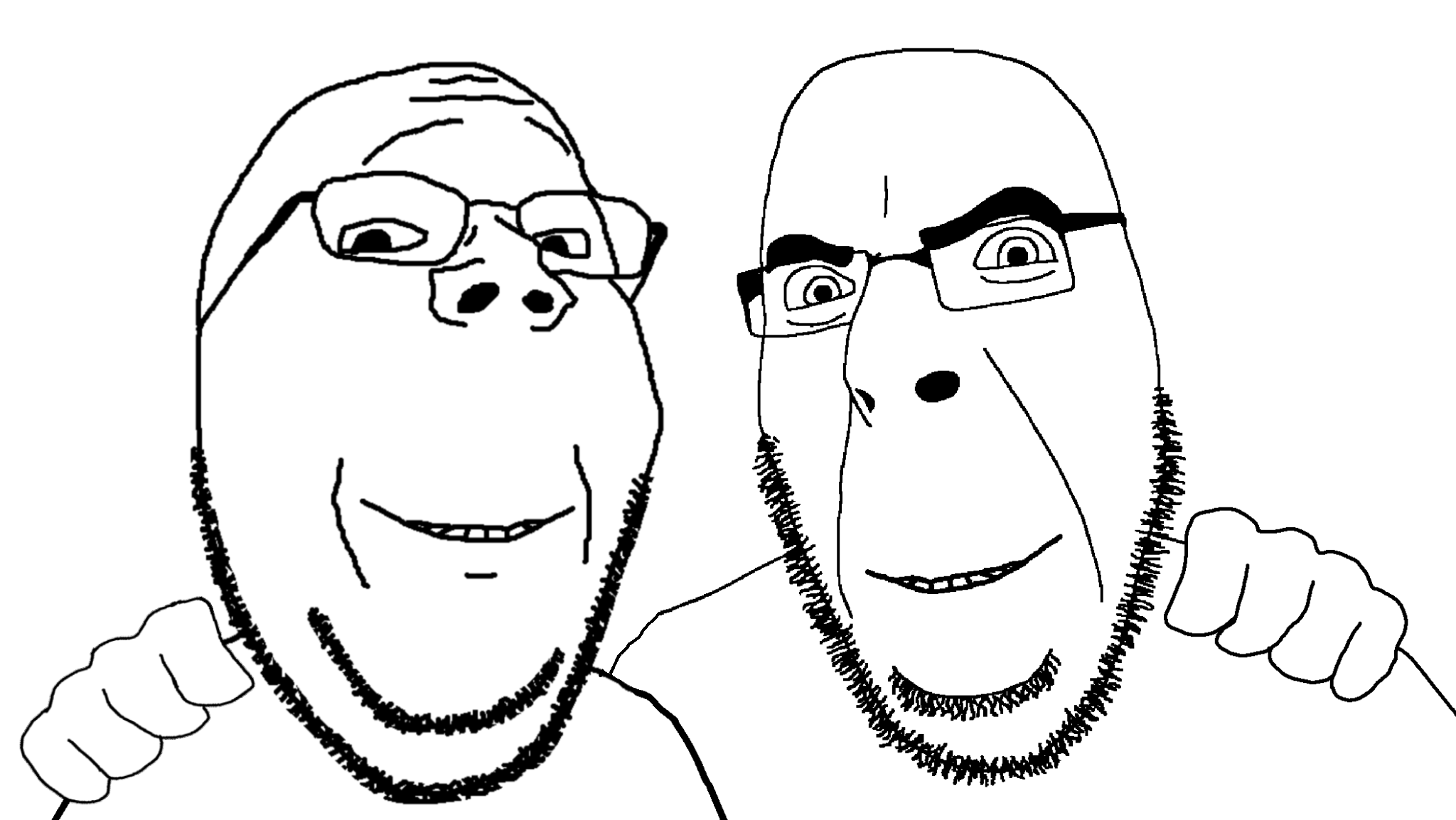 cobson, gapejak, wholesome soyjak, no more brother wars, 2soyjaks, arm behind back, bald, best friend, closed mouth, eyebrows