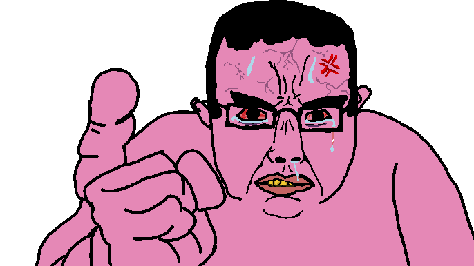 chudjak, soyjak neo, chudjak front, pink rage, 1soyjak, anger mark, angry, black hair, bloodshot eyes, chud