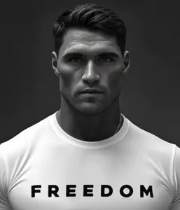 gigachad, black hair, buff, charlie kirk, front view, gray background, gray skin, grayscale, hair, half body
