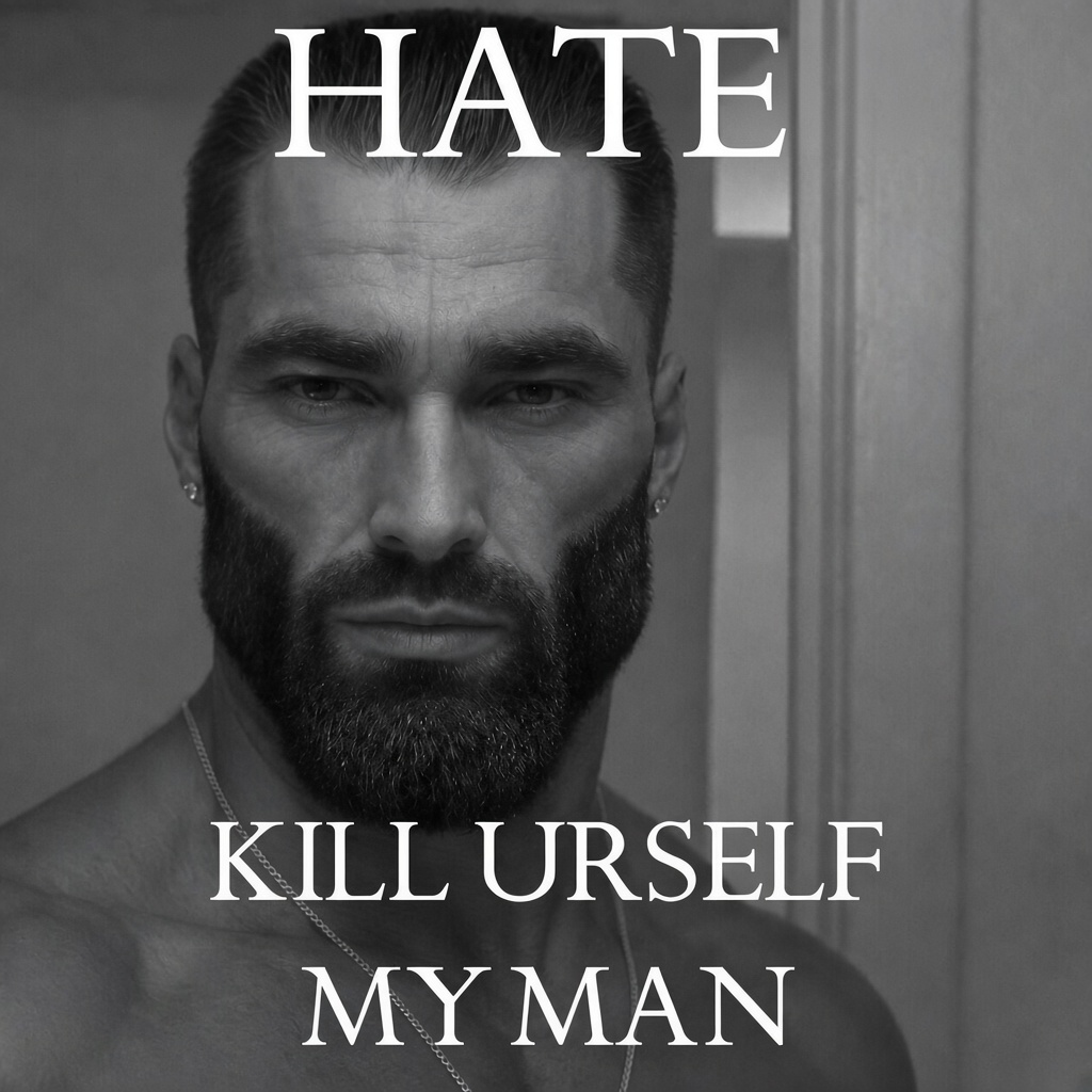 gigachad, album cover, beard, brown eyes, buff, closed mouth, edit, front view, frown, gray background