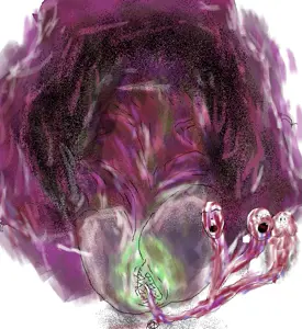 A24 Slowburn, cheap-jumpscare-free, bone-chilling kino body horror drawing based on Dysprosium's "penis" that looks like a fucking alien geg
