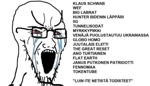 soyak, angry, bloodshot eyes, crying, finnish text, glasses, open mouth, soyjak, stretched mouth, stubble