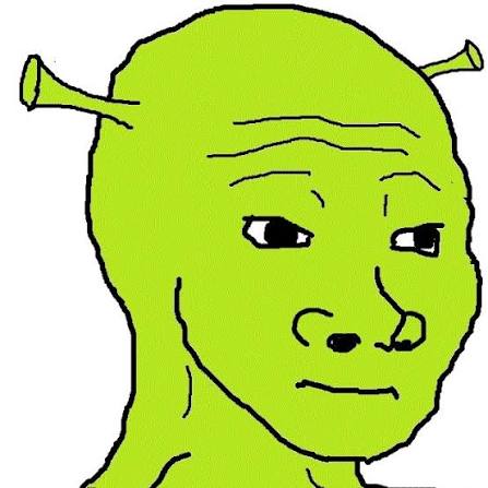 wojak, bald, closed mouth, green skin, looking to the right, neutral, no beard, no glasses, ogre, ogre ears
