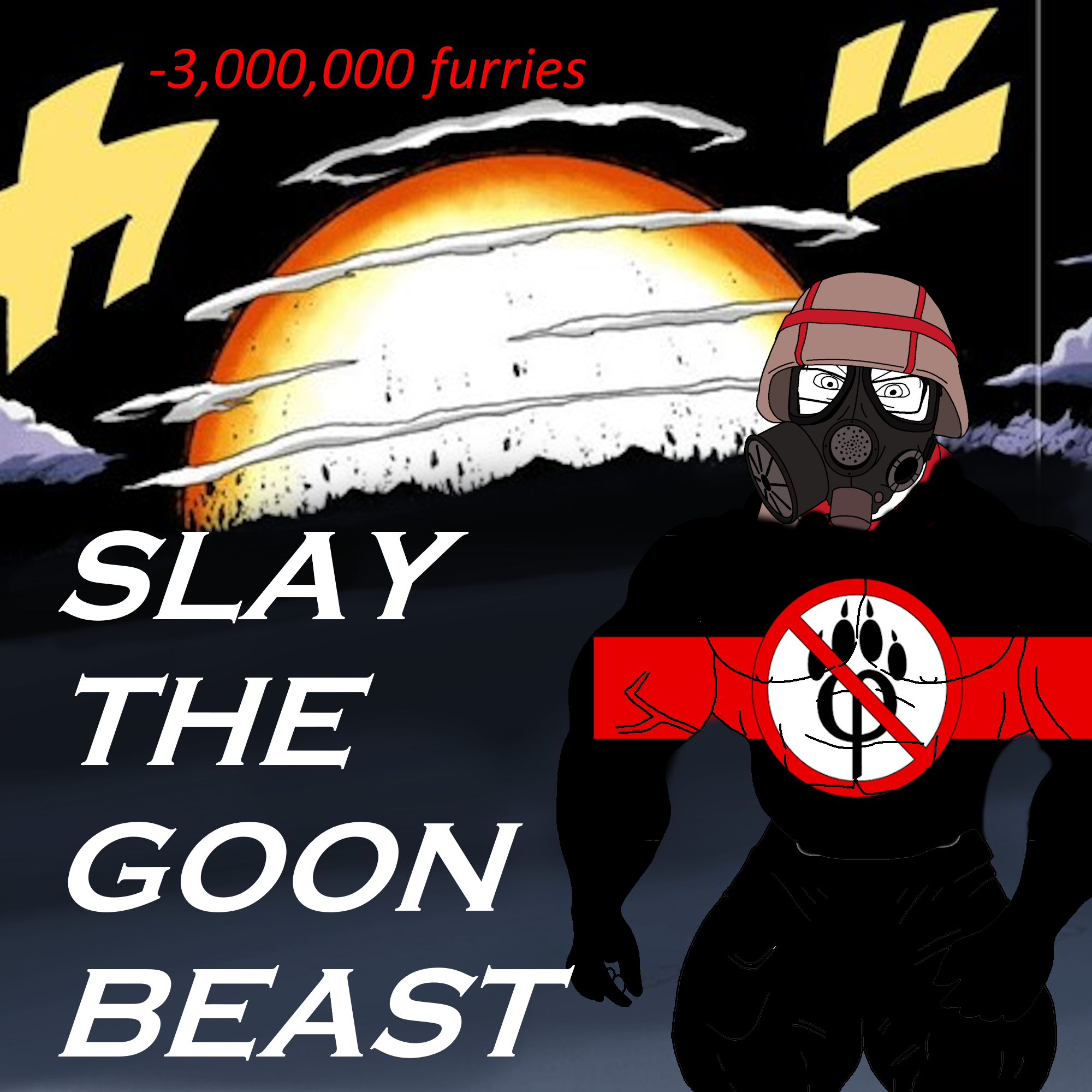 chudjak, feraljak, chudjak front, muscular chud, almost full body, antifurry, aryan beast bomb, black background, black eyes, buff