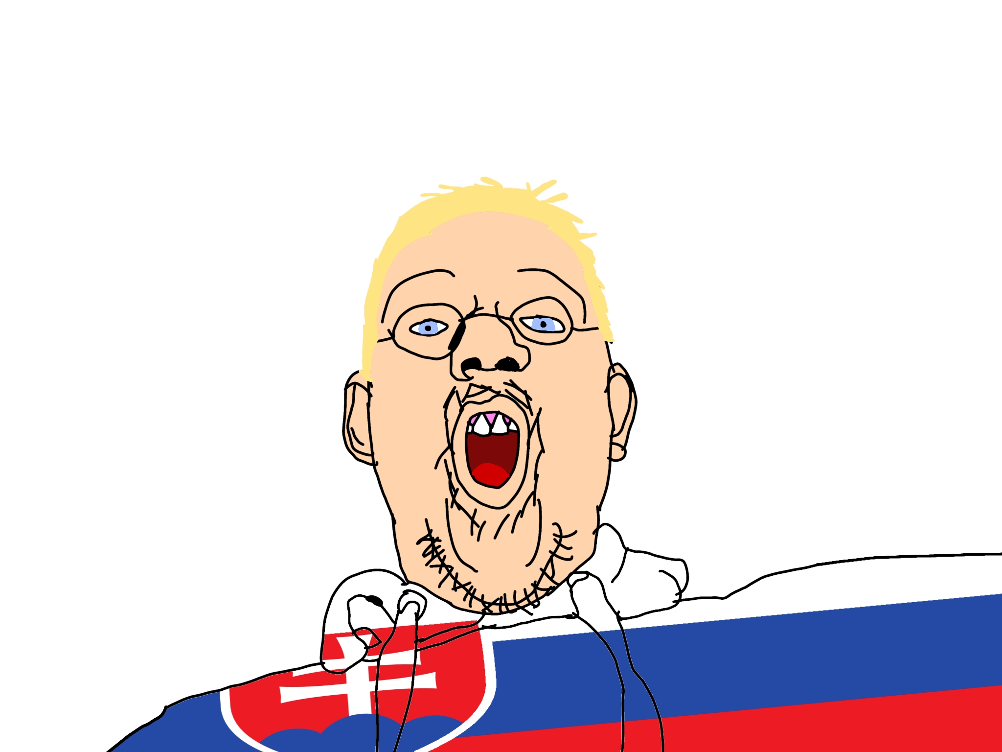 monitoranimate, oliver, aryan, 1soyjak, a10 eyes, beard, blonde hair, blue eyes, colored, front view