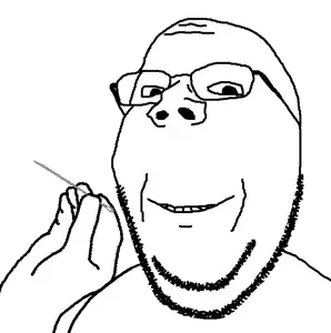 gapejak, wholesome soyjak, 1soyjak, bald, closed mouth, glasses, looking at you, needle, no eyebrows, open eyes