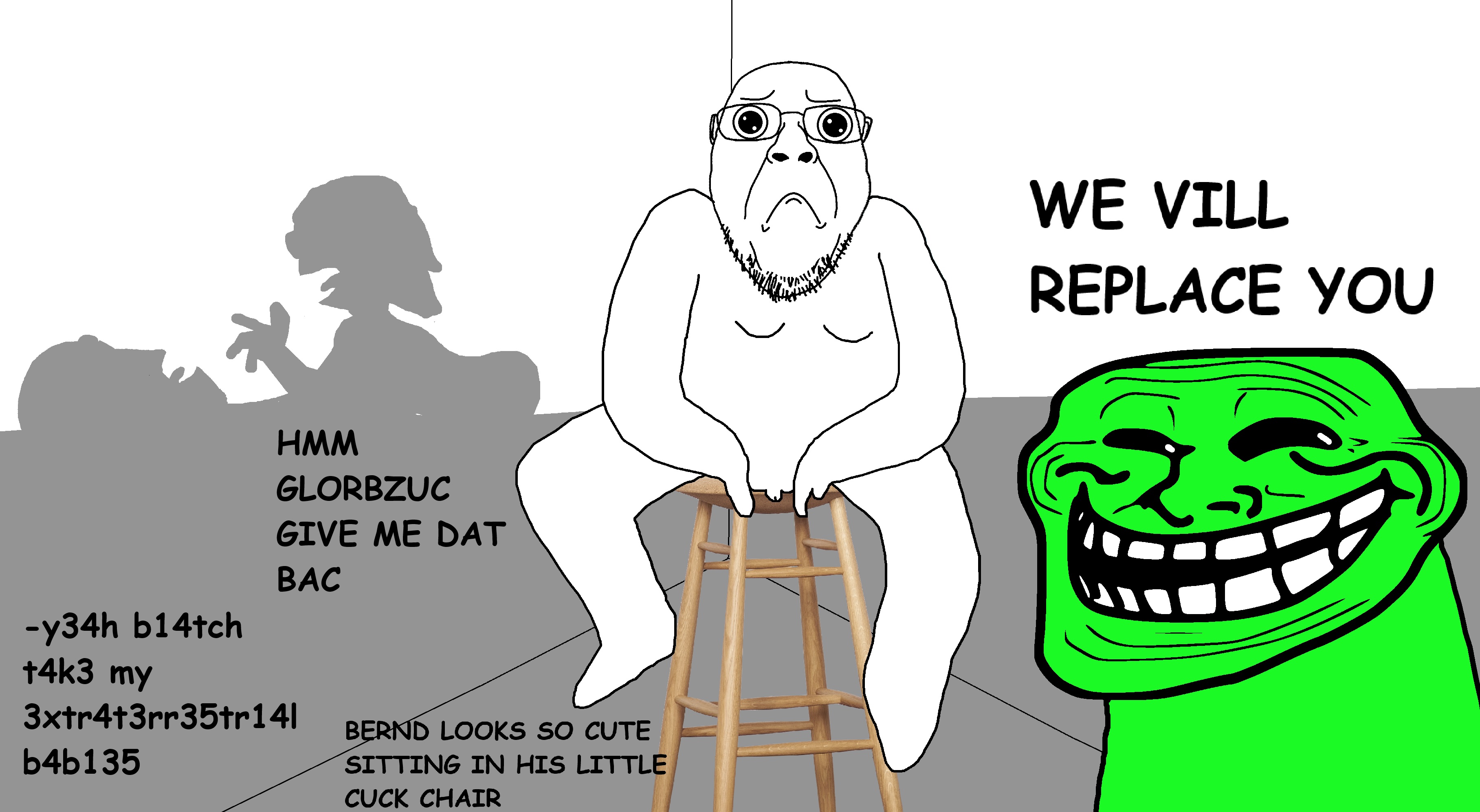 soytan, spongebob squarepants, trollface, bernd, cephalopod soyjak, 3soyjaks, alien, angry, bald, black eyes