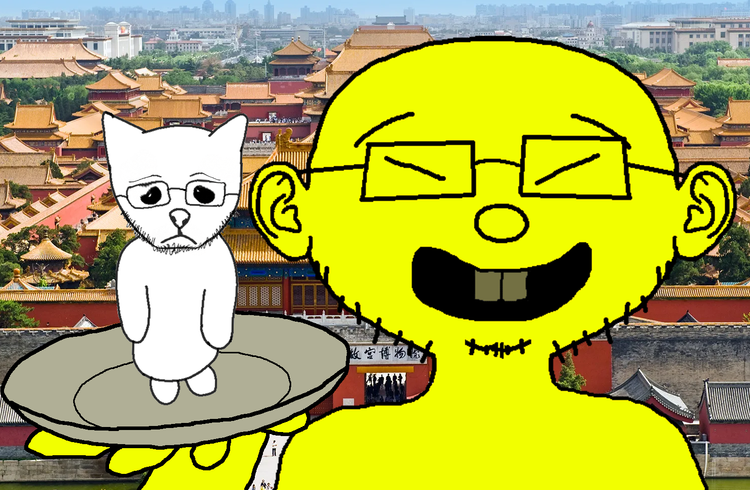kittenjak, mintson, platejak, 2soyjaks, animal, asian, bald, black eyes, buck teeth, cat