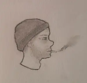 doomer wojak, wojak, art, bald, cigarette, closed mouth, clothes, drawing, eyebags, hat