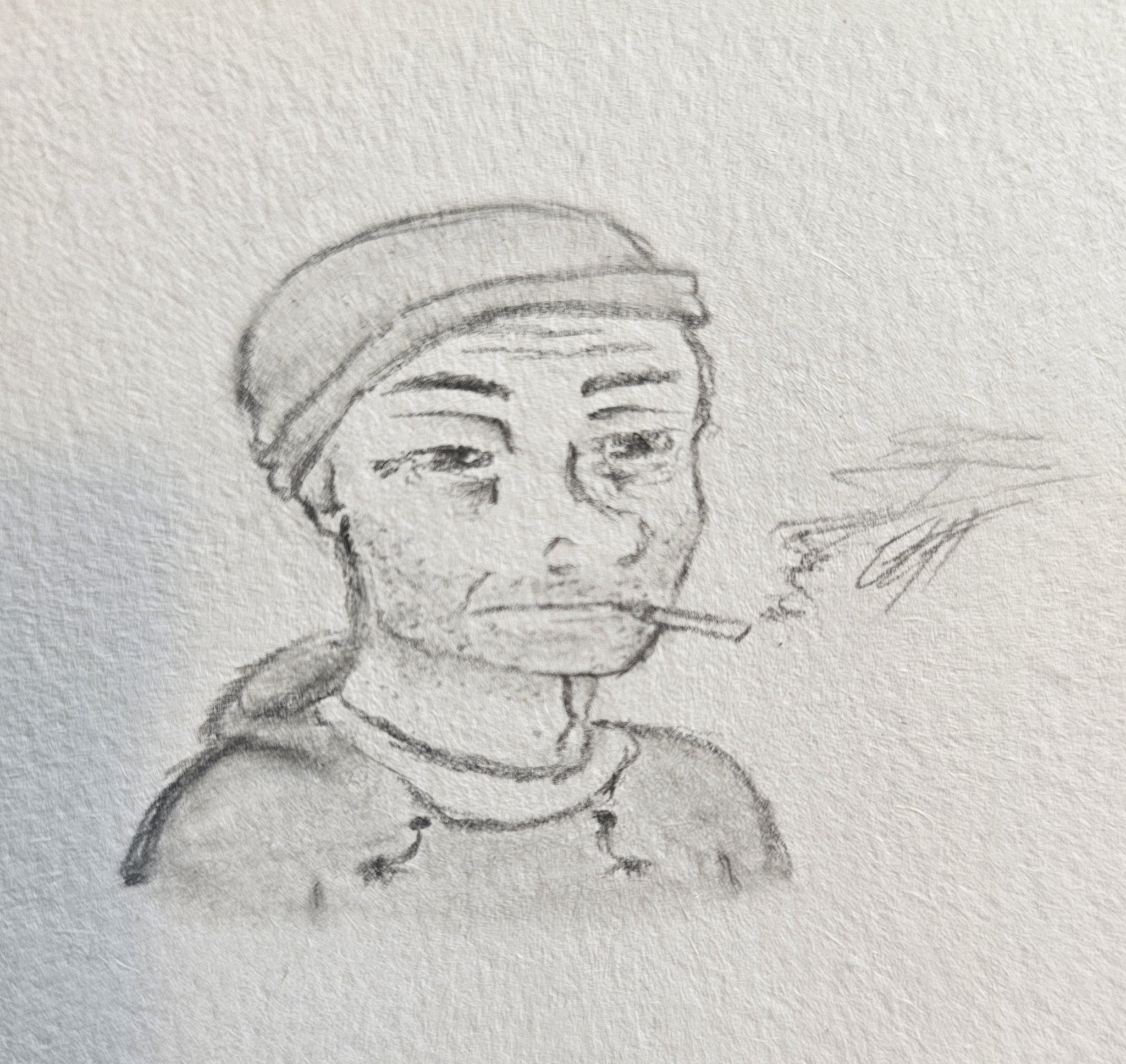 doomer wojak, wojak, art, bald, cigarette, closed mouth, clothes, drawing, eyebags, hat