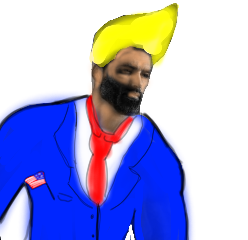donald trump, gigachad, almost full body, beard, blonde hair, blue clothes, buff, closed mouth, gray eyes, hair