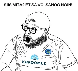unknown, clothes, communism, ear, european union, finnish text, glasses, hammer and sickle, kokoomus, open mouth