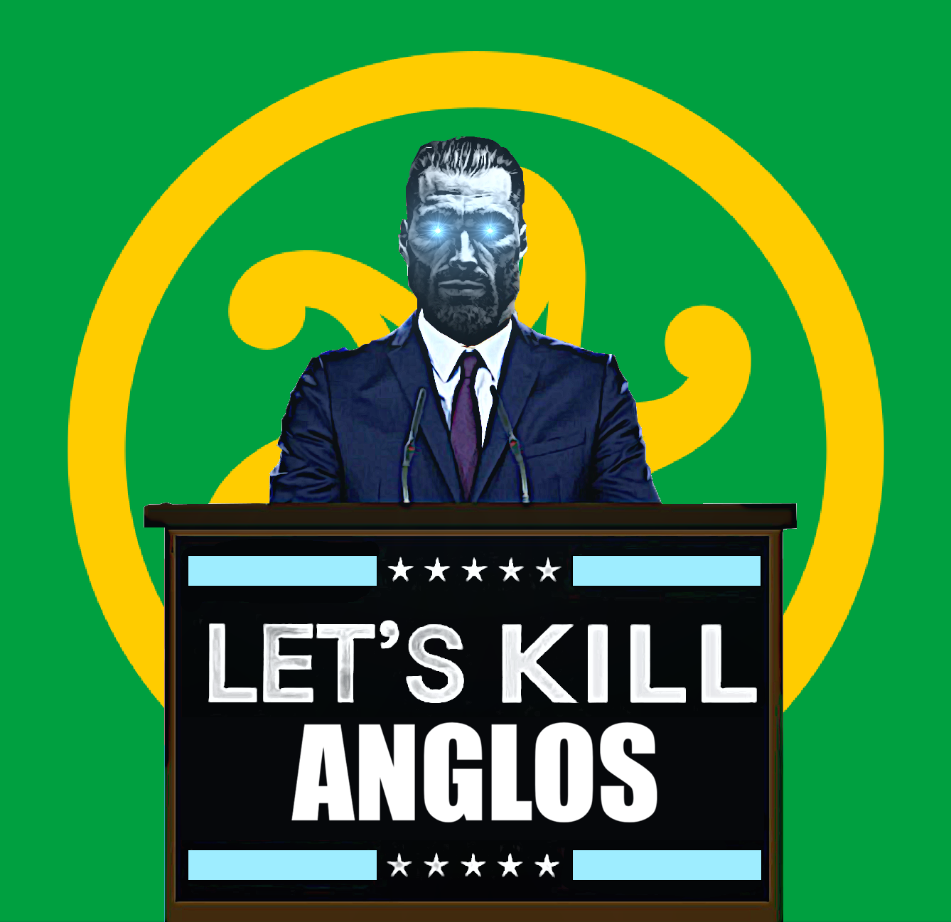 gigachad, anglo, anglo-saxon, beard, black hair, blue eyes, blue suit, buff, celt, celtic