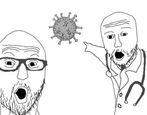 two pointing soyjaks, 2soyjaks, arm, clothes, coronavirus pandemic, doctor, glasses, hands, necktie, open mouth