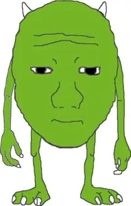 wojak, bald, front view, green skin, mike wazowski, neutral, no beard, no glasses, white background, wojak front