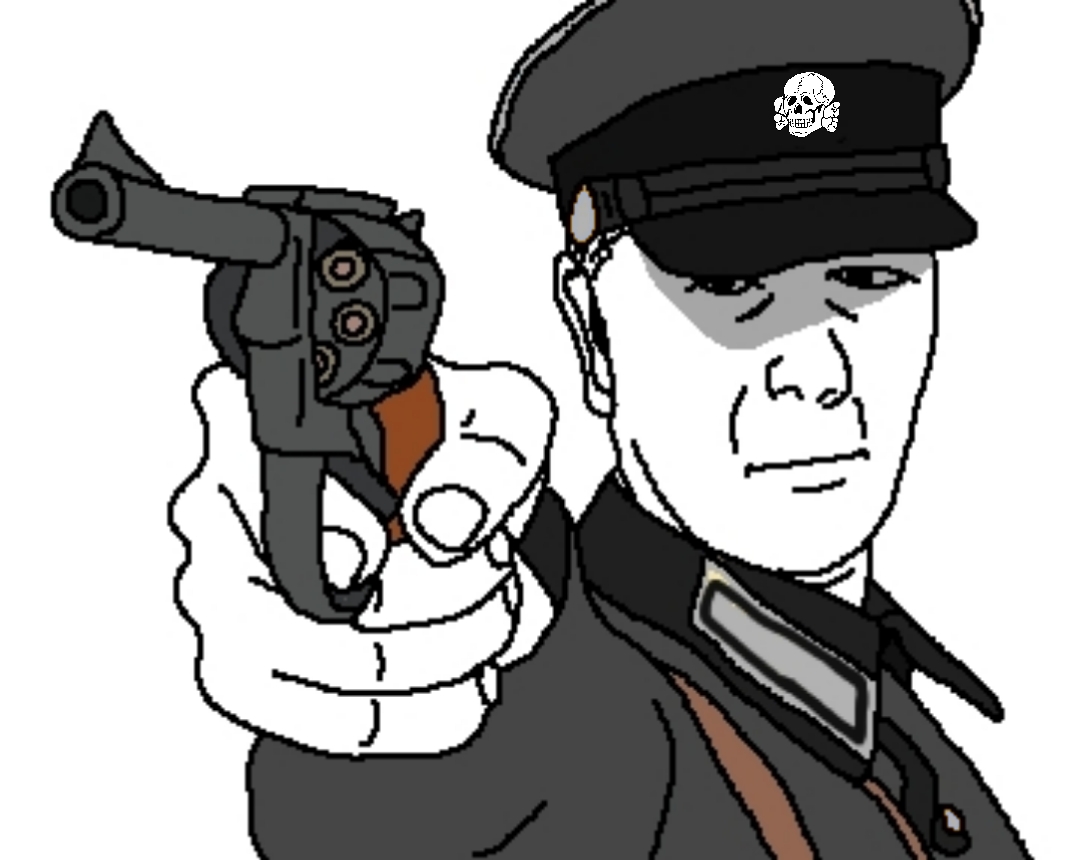 kuzjak, 1soyjak, bald, black eyes, closed mouth, dirlewanger brigade, front view, half body, half closed eyes, looking to the left