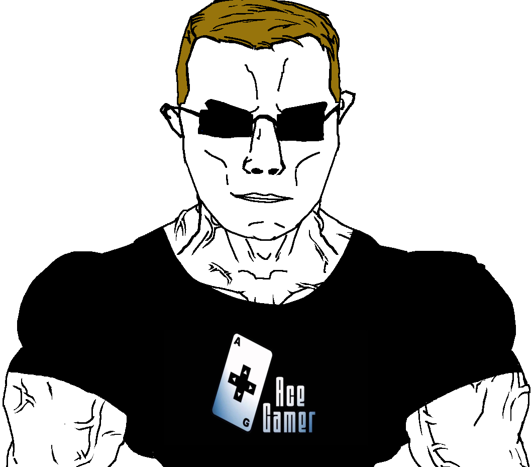 chudjak, chudjak front, muscular chud, ace gamer, brown hair, buff, card, closed mouth, clothes, ear