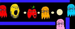 cobson, gapejak, markiplier soyjak, blue eyes, cherry, closed mouth, food, frown, fruit, ghost
