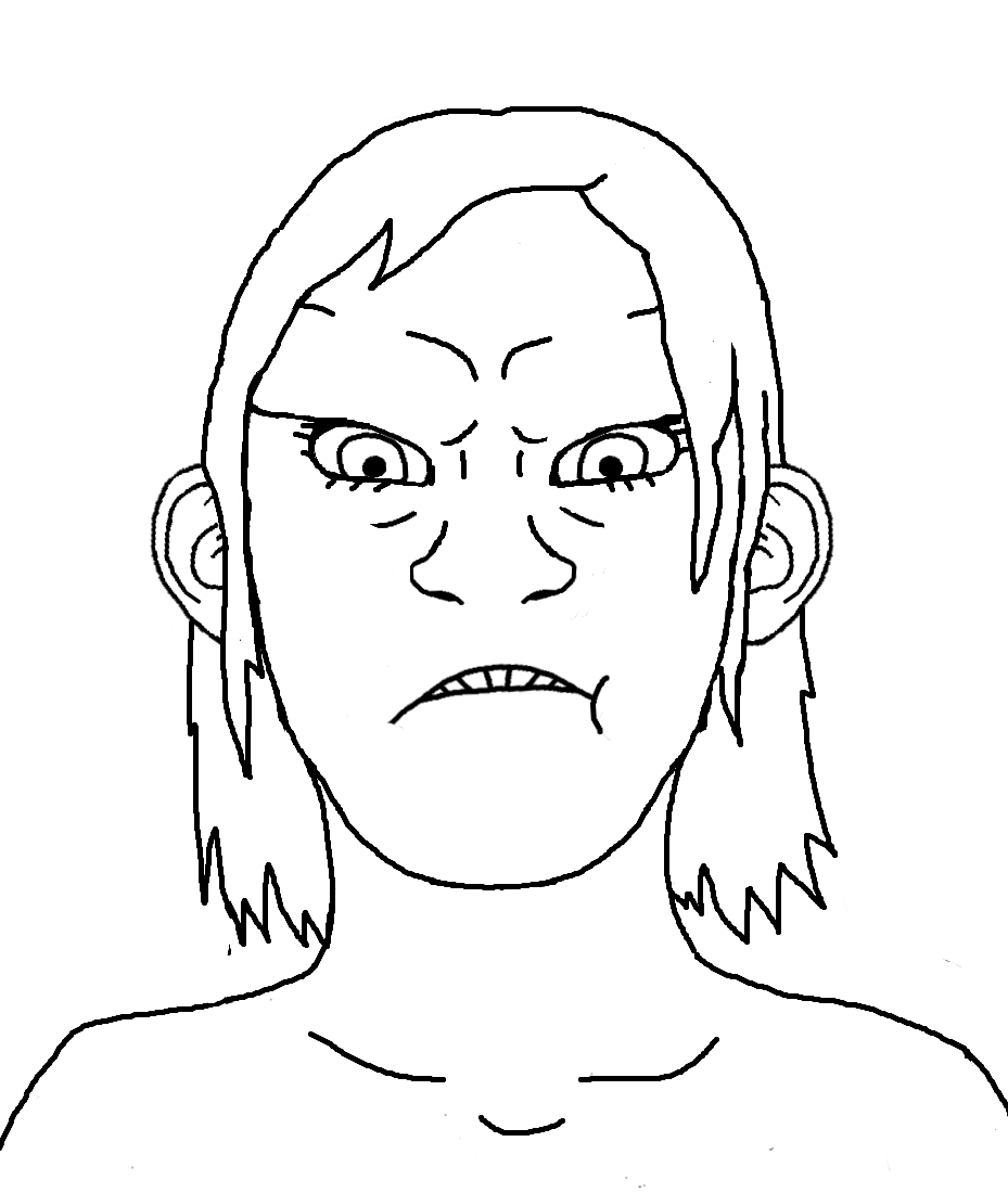 feraljak, kenneth, femjak, 1soyjak, angry, closed mouth, female, front view, frown, hair