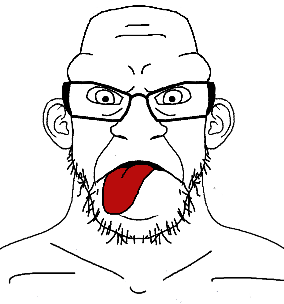 feraljak, kenneth, 1soyjak, angry, bald, bbc, front view, frown, glasses, half open mouth
