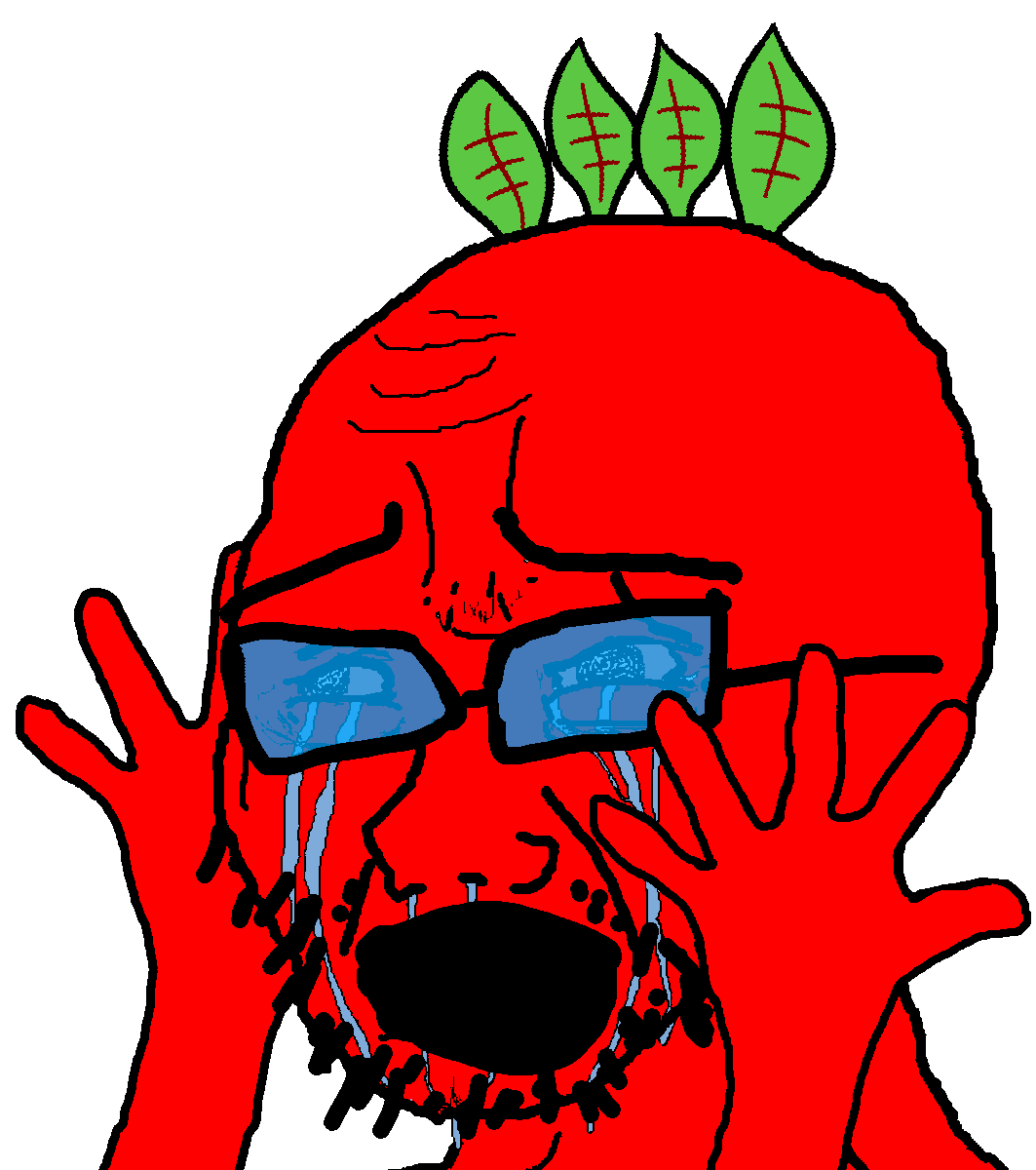 cryboy soyjak, admin, beetroot, blue glasses, crying, glasses, hands, looking to the left, raised eyebrow, raised eyebrows